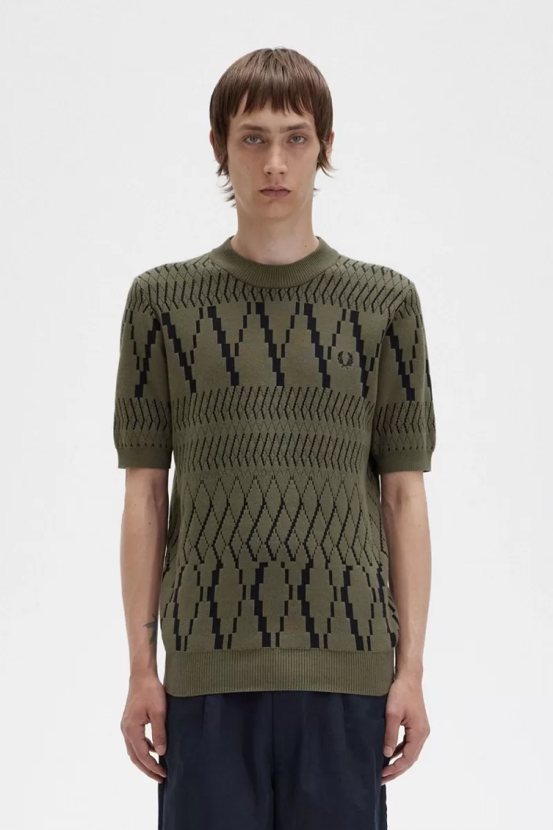 Fred Perry Argyle Panel Knitted Men’s T-Shirt Uniform Green UJRNO3850 Fred Perry Argyle Panel Knitted Men’s T-Shirt Uniform Green UJRNO3850