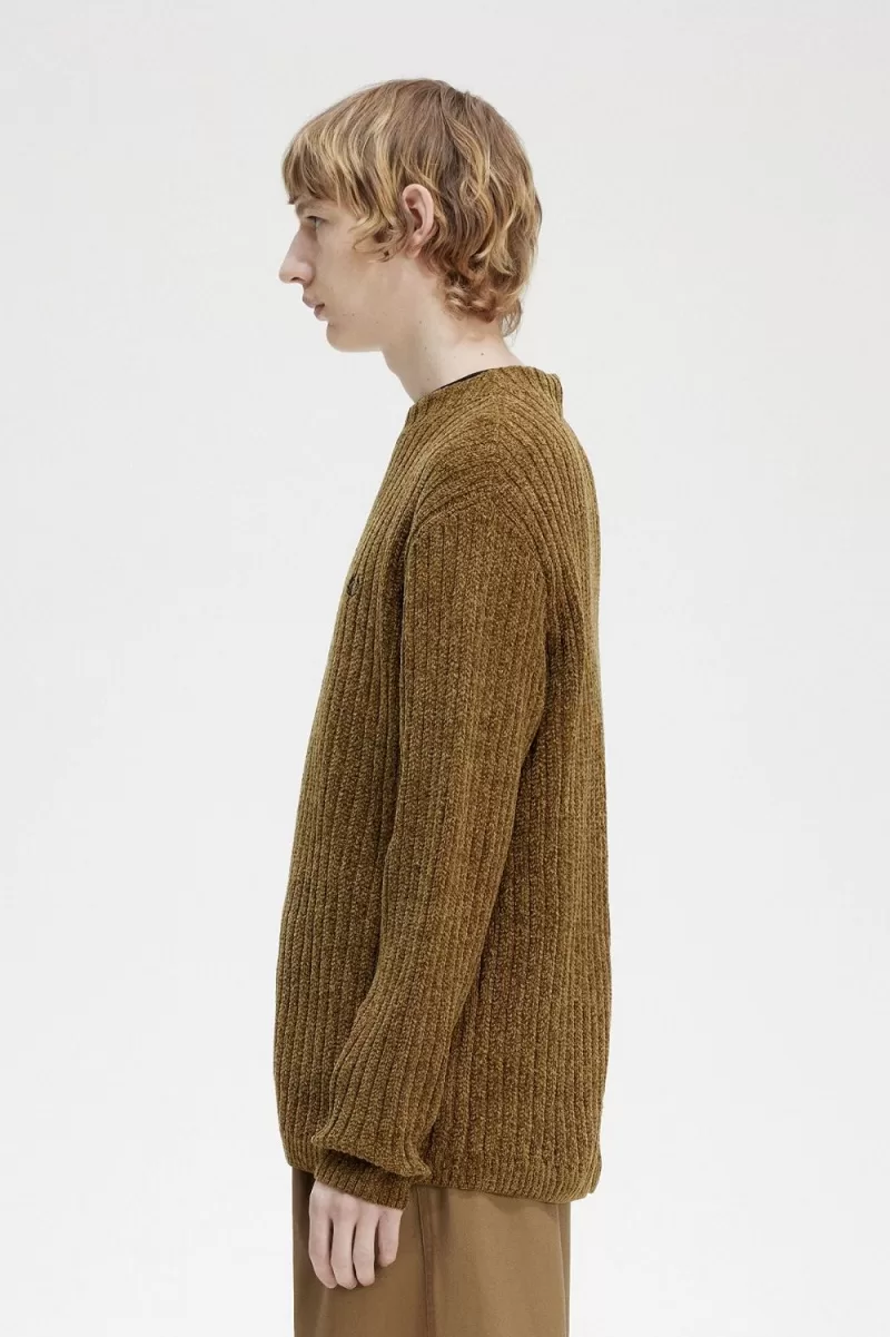 Fred Perry Chenille Rib Mens Jumper Brow 101 1 ZOOM - Fred Perry Chenille Rib Men's Jumper Brown RLSZI3097
