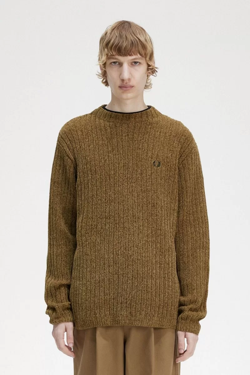 Fred Perry Chenille Rib Mens Jumper Brow 101 ZOOM - Fred Perry Chenille Rib Men's Jumper Brown RLSZI3097