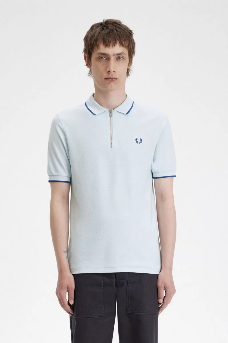 Fred Perry Crepe Pique Zip Neck Men’s Polo Shirt Light Aqua PCQBX9503 Fred Perry Crepe Pique Zip Neck Men’s Polo Shirt Light Aqua PCQBX9503