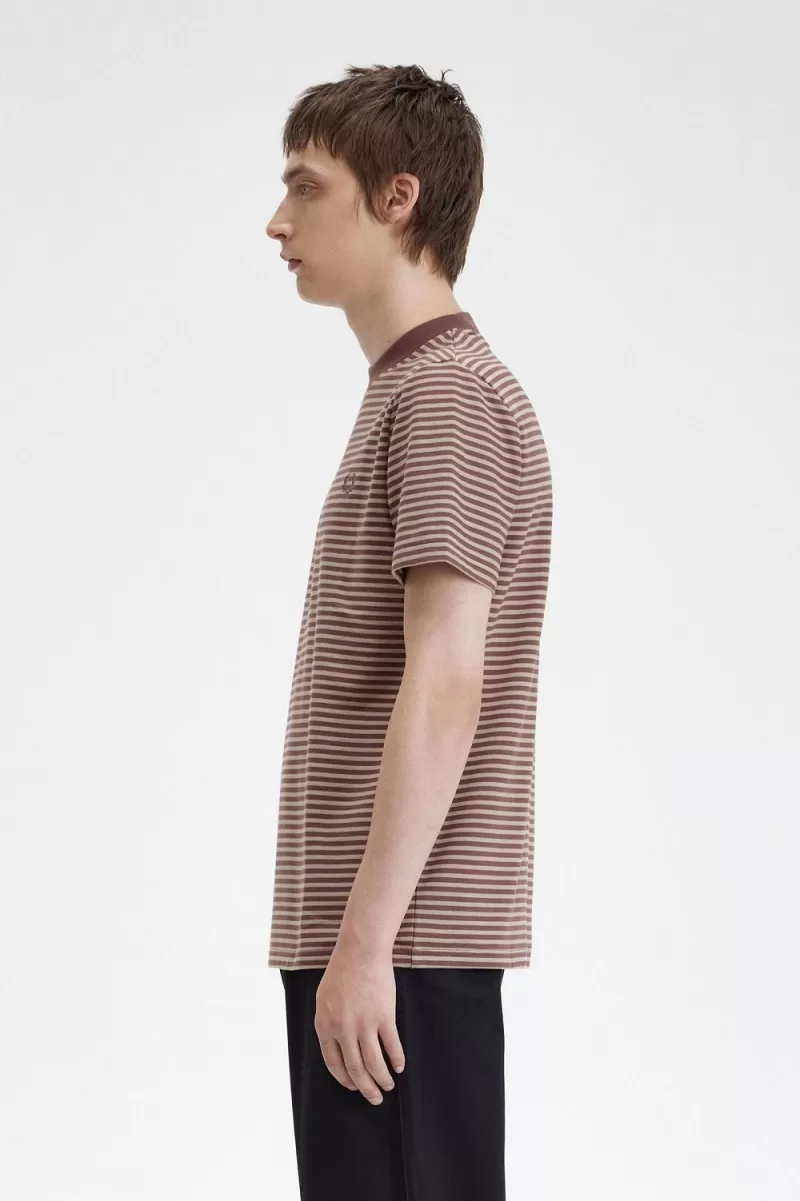 Fred Perry Fine Stripe Heavyweight Mens  511 1 ZOOM - Fred Perry Fine Stripe Heavyweight Men's T-Shirt Dark Red Warm Grey WLMOX2489
