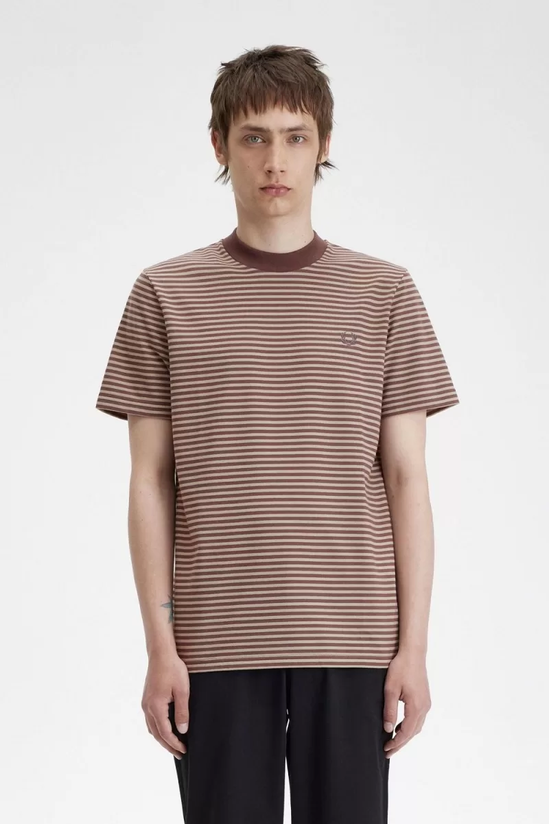 Fred Perry Fine Stripe Heavyweight Mens  511 ZOOM - Fred Perry Fine Stripe Heavyweight Men's T-Shirt Dark Red Warm Grey WLMOX2489