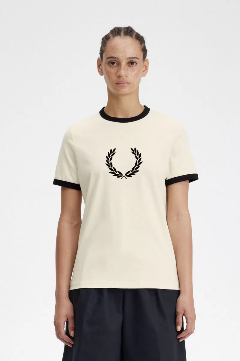 Fred Perry Flocked Laurel Wreath Women’s T-Shirt Beige JQPES0943 Fred Perry Flocked Laurel Wreath Women’s T-Shirt Beige JQPES0943