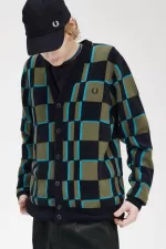 Fred Perry Glitch Chequerboard Men’s Cardigan Uniform Green Black IDLGT2468