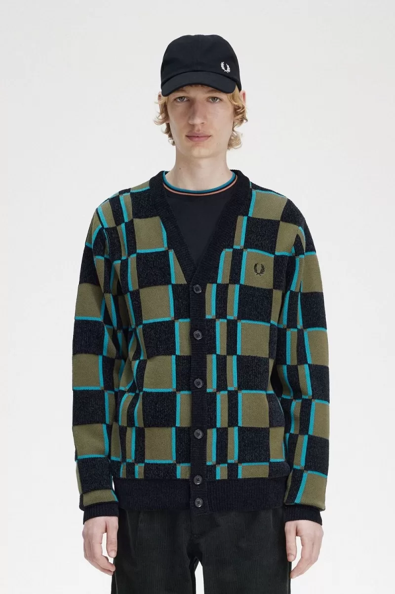 Fred Perry Glitch Chequerboard Men’s Cardigan Uniform Green Black IDLGT2468 Fred Perry Glitch Chequerboard Men’s Cardigan Uniform Green Black IDLGT2468