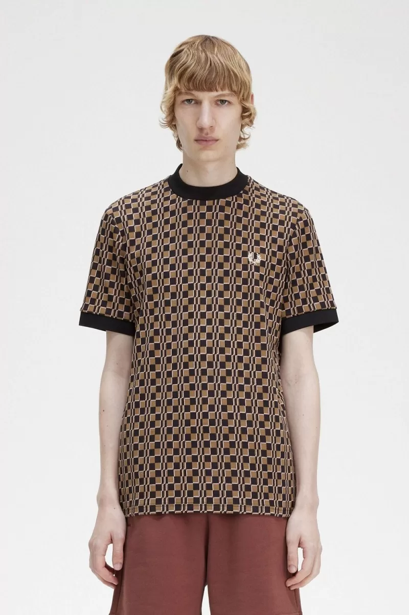 Fred Perry Glitch Chequerboard Men’s T-Shirt Brown Navy XSKQD5630 Fred Perry Glitch Chequerboard Men’s T-Shirt Brown Navy XSKQD5630