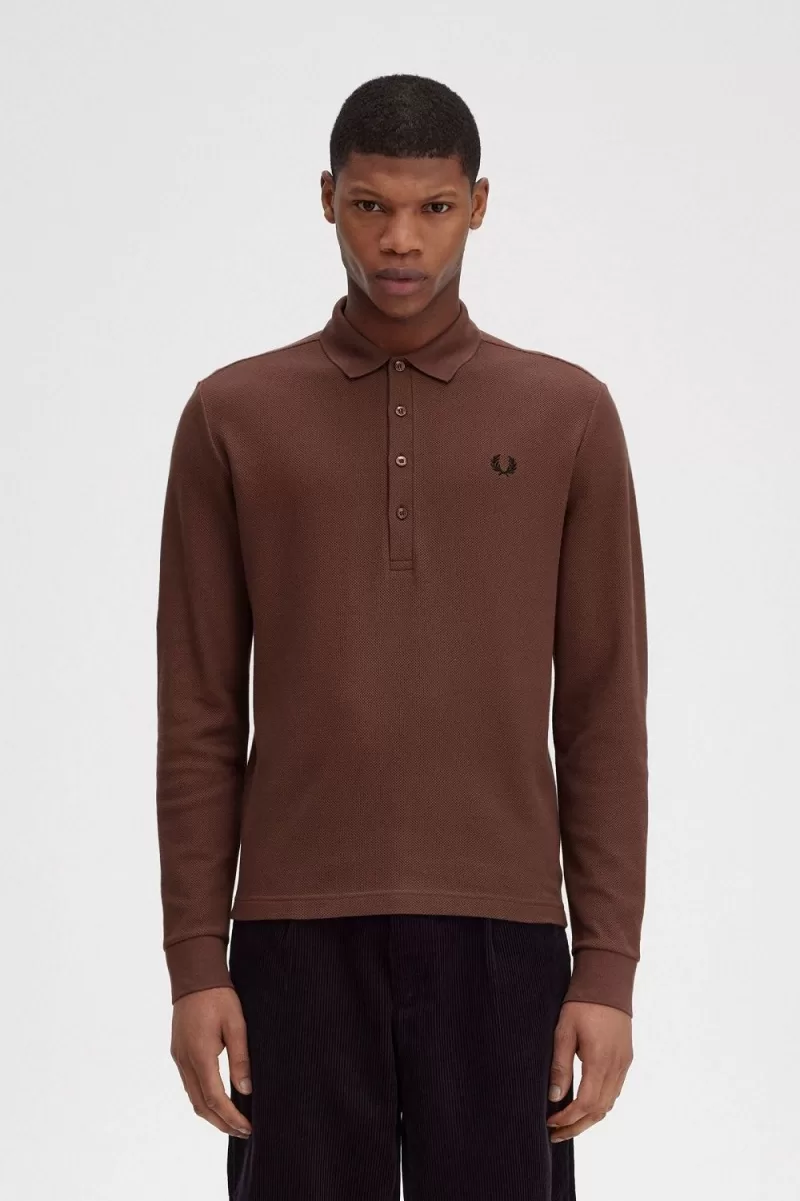 Fred Perry Honeycomb Cotton Long Sleeve Men’s Polo Shirt Whisky Brown CRSBD5321 Fred Perry Honeycomb Cotton Long Sleeve Men’s Polo Shirt Whisky Brown CRSBD5321