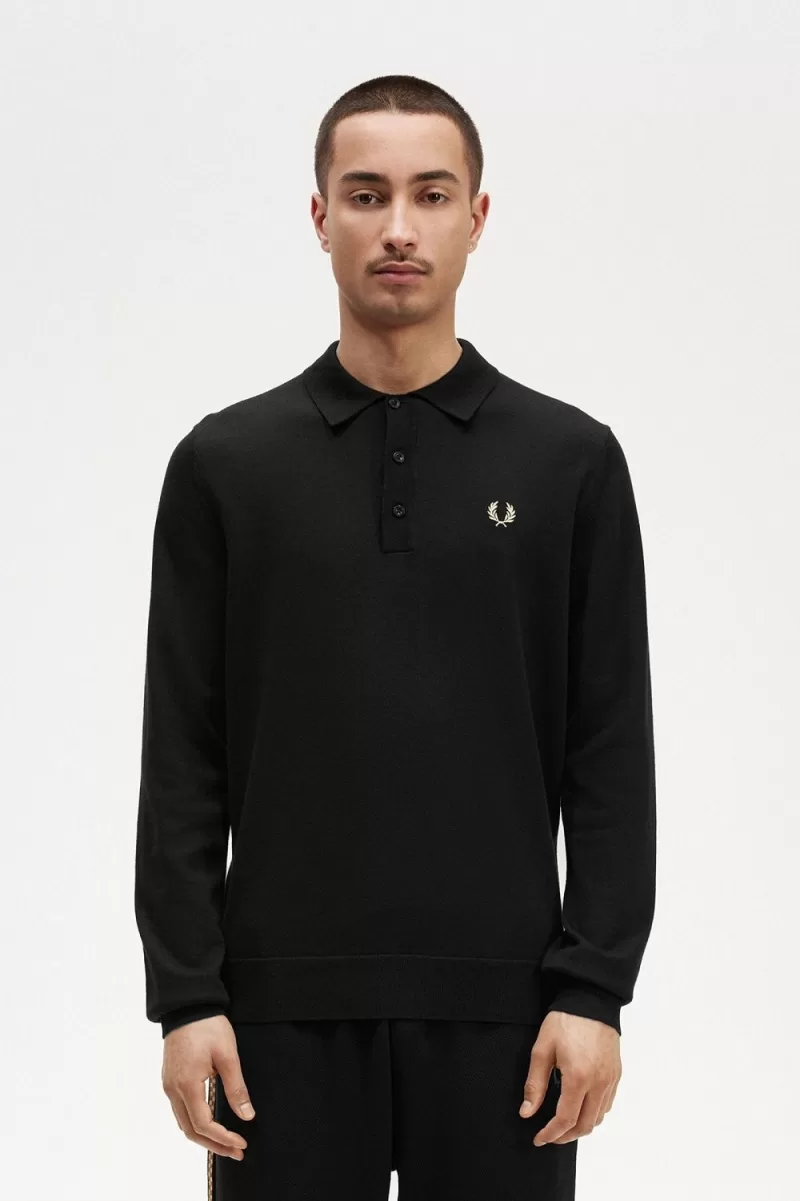 Fred Perry Long Sleeve Knitted Men’s Shirt Black BYQNH9106 Fred Perry Long Sleeve Knitted Men’s Shirt Black BYQNH9106