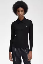 Fred Perry Long Sleeve Ribbed Women’s Polo Shirt Black IXAGH0539