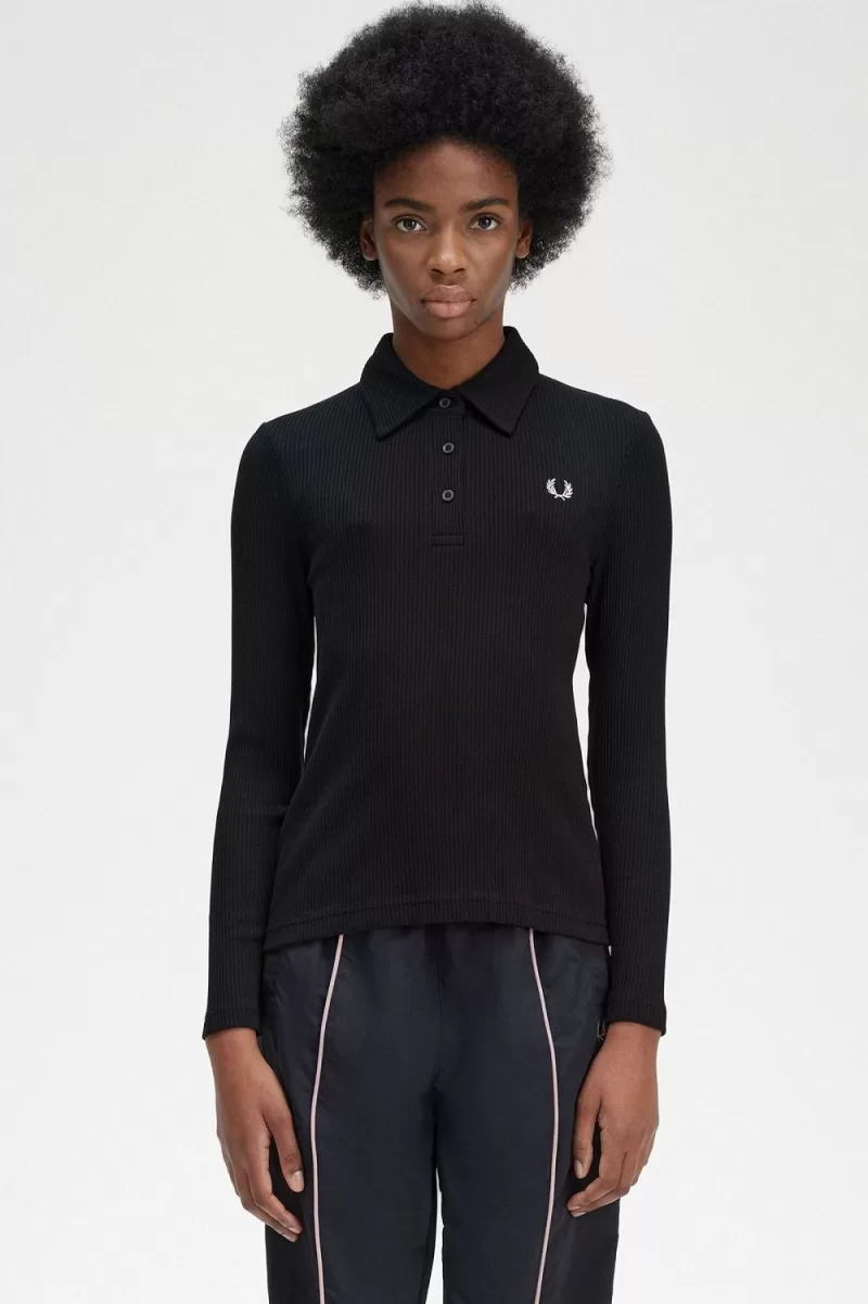 Fred Perry Long Sleeve Ribbed Women’s Polo Shirt Black IXAGH0539 Fred Perry Long Sleeve Ribbed Women’s Polo Shirt Black IXAGH0539
