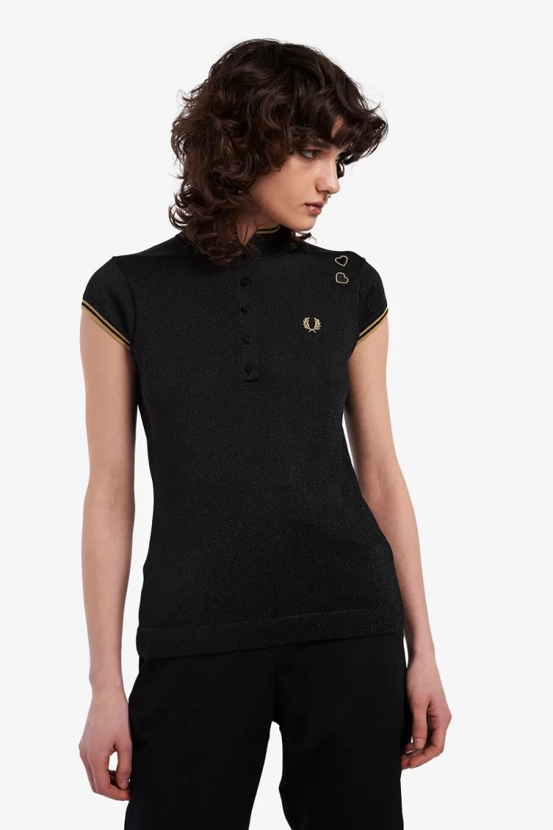 Fred Perry Metallic Knitted Women’s Polo Shirt Black LNBRH2768 Fred Perry Metallic Knitted Women’s Polo Shirt Black LNBRH2768