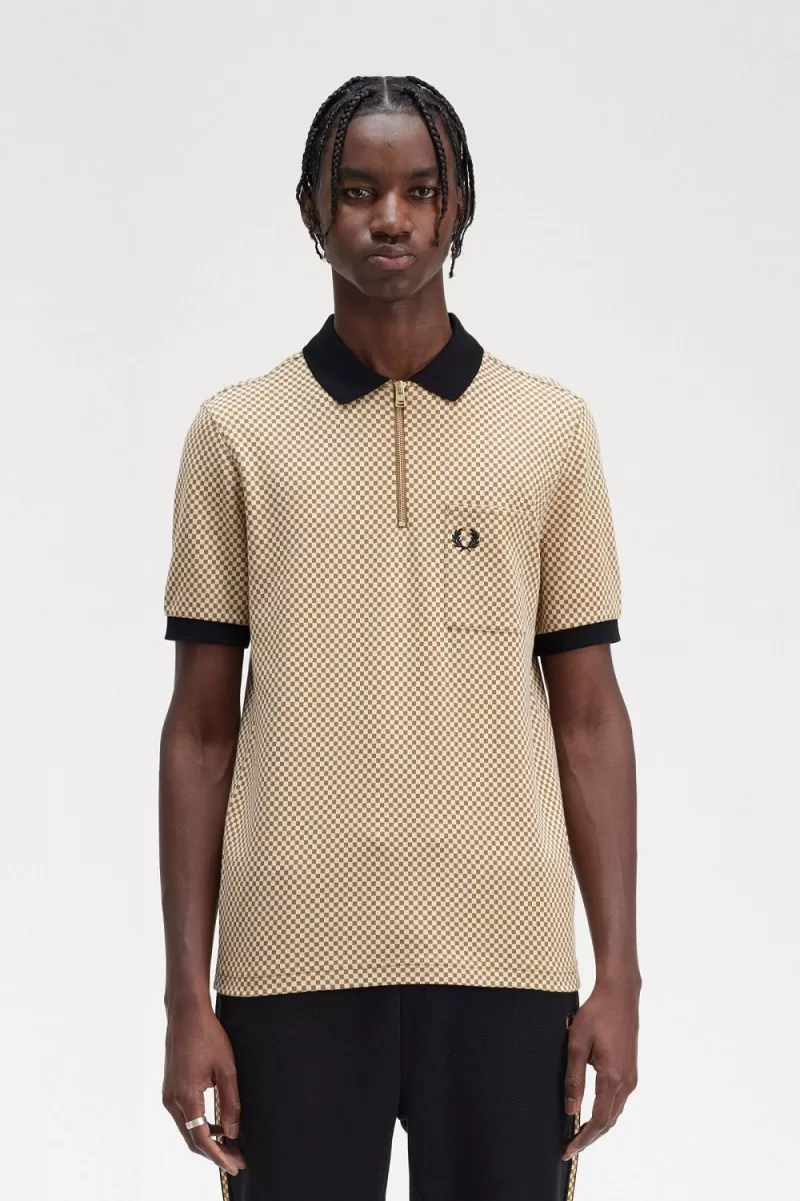 Fred Perry Micro Chequerboard Men’s Polo Shirt Oatmeal Dark Coffee YWLSX3950 Fred Perry Micro Chequerboard Men’s Polo Shirt Oatmeal Dark Coffee YWLSX3950