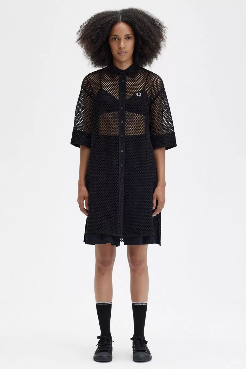 Fred Perry Open-Knit Shirt Women’s Dress Black VZNCE5038 Fred Perry Open-Knit Shirt Women’s Dress Black VZNCE5038