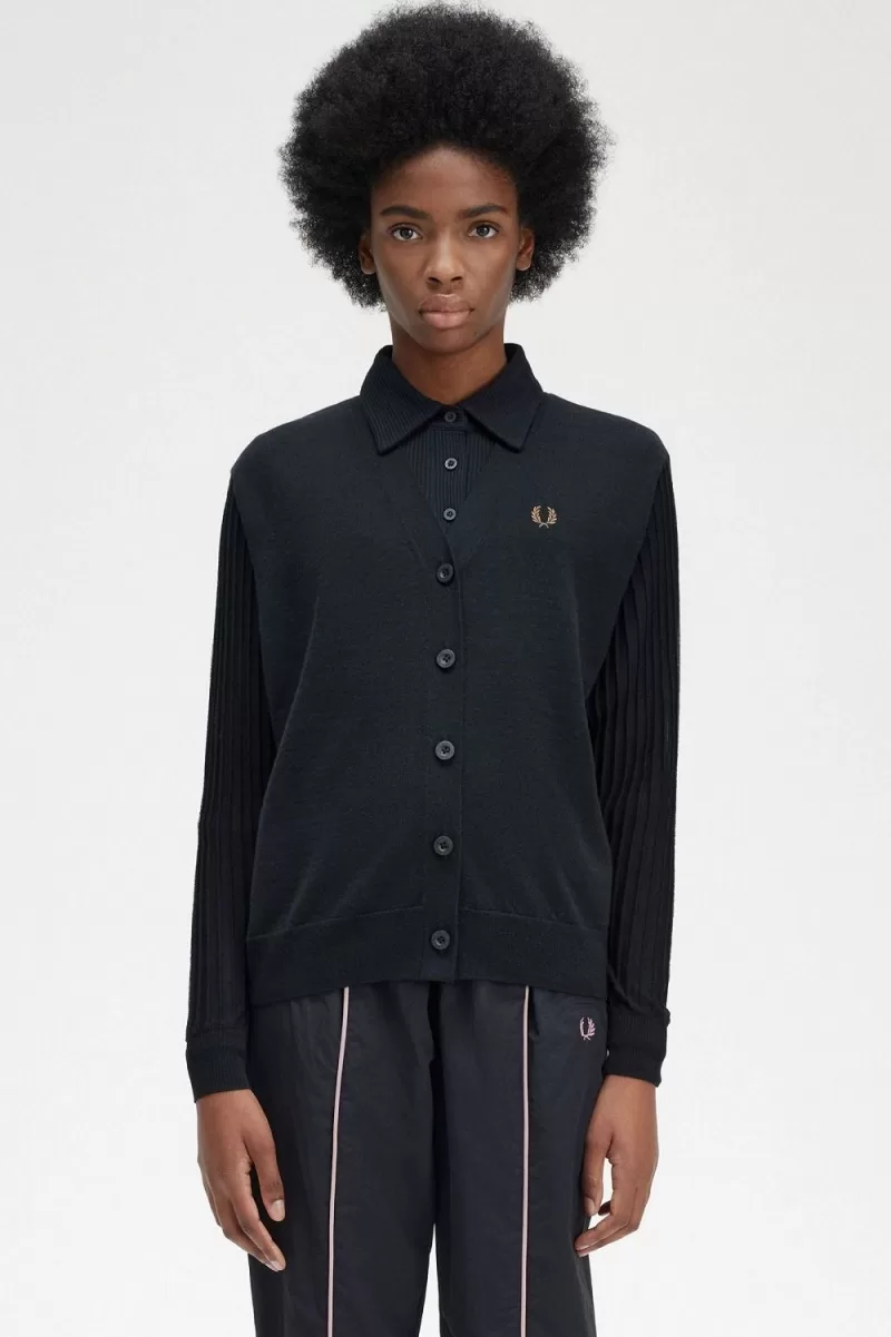 Fred Perry Sheer Sleeve Women’s Cardigan Black LQHSM5629 Fred Perry Sheer Sleeve Women’s Cardigan Black LQHSM5629