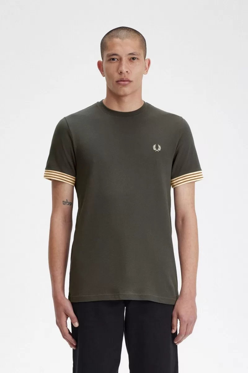 Fred Perry Striped Cuff Men’s T-Shirt Field Green DKOQV4981 Fred Perry Striped Cuff Men’s T-Shirt Field Green DKOQV4981