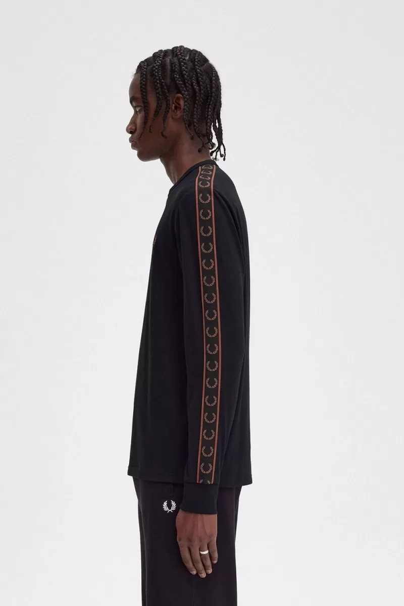 Fred Perry Taped Long Sleeve Mens TShirt 190 1 ZOOM - Fred Perry Taped Long Sleeve Men's T-Shirt Black Whisky Brown SUTCO7652