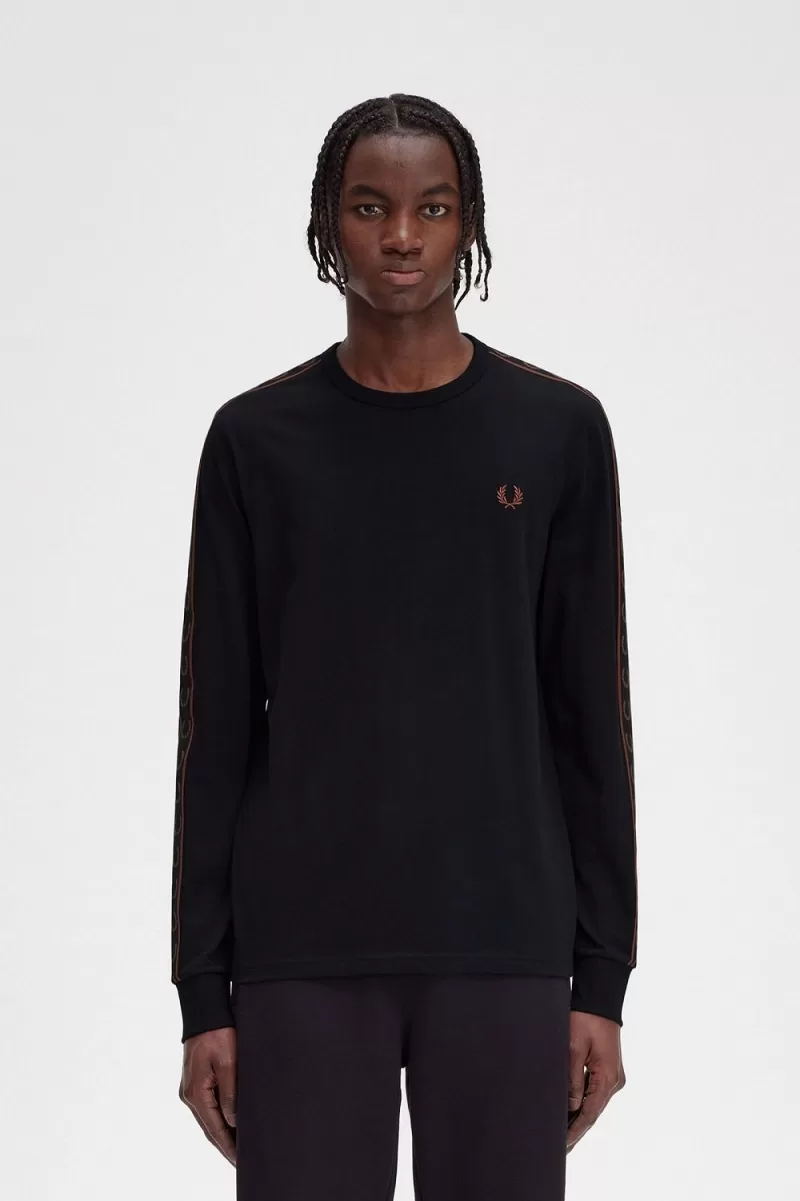 Fred Perry Taped Long Sleeve Mens TShirt 190 ZOOM - Fred Perry Taped Long Sleeve Men's T-Shirt Black Whisky Brown SUTCO7652