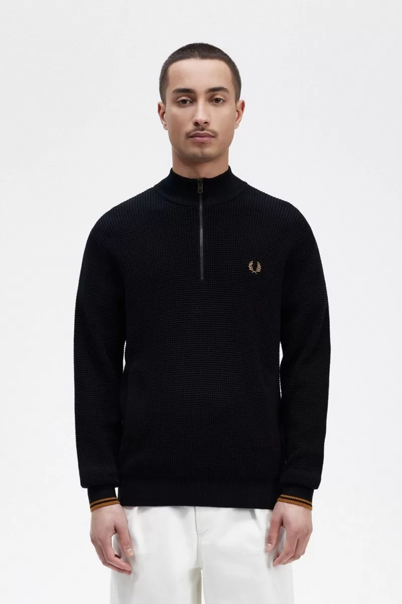 Fred Perry Waffle Stitch Half Zip Men’s Jumper Navy CSQGU3281 Fred Perry Waffle Stitch Half Zip Men’s Jumper Navy CSQGU3281
