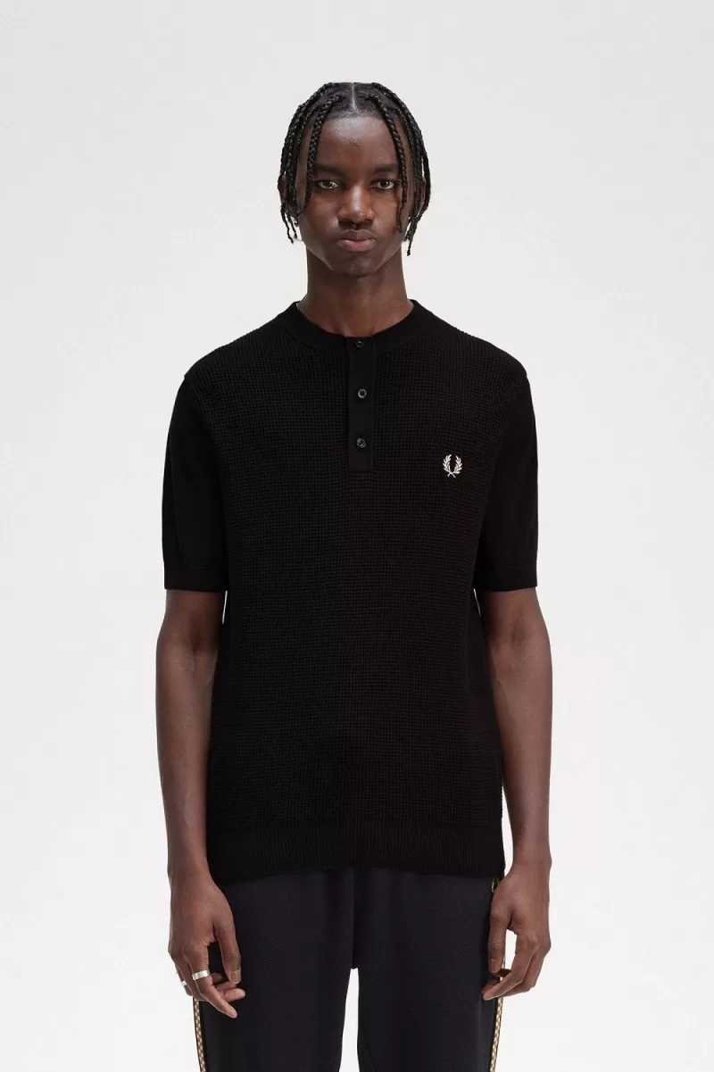 Fred Perry Waffle Stitch Henley Men’s Shirt Black VCAMJ2359 Fred Perry Waffle Stitch Henley Men’s Shirt Black VCAMJ2359