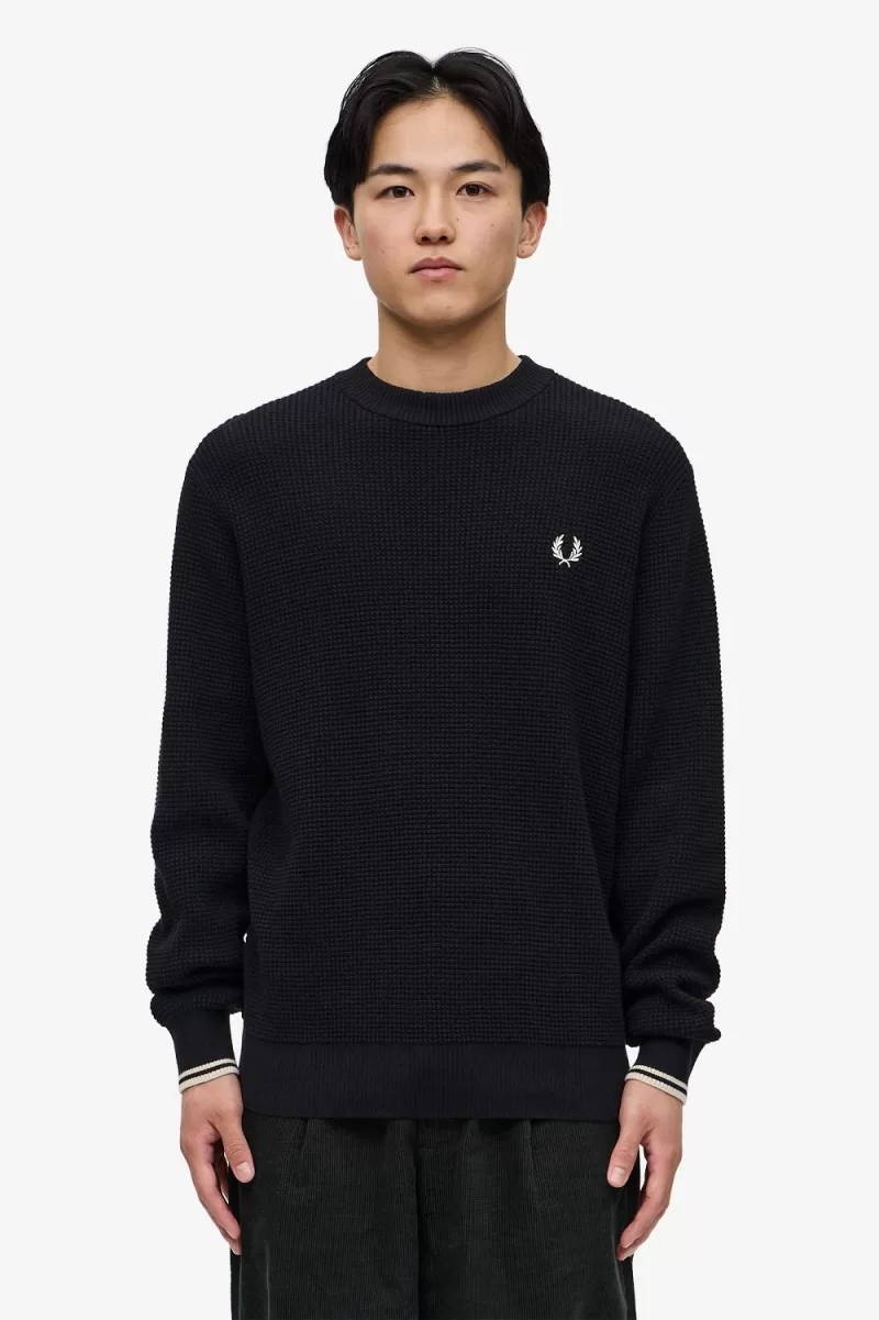 Fred Perry Waffle Stitch Men’s Jumper Black WQVAU5167 Fred Perry Waffle Stitch Men’s Jumper Black WQVAU5167